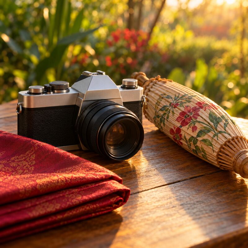 Unbranded film camera on a teak table beside folded red silk and a hand-painted paper parasol