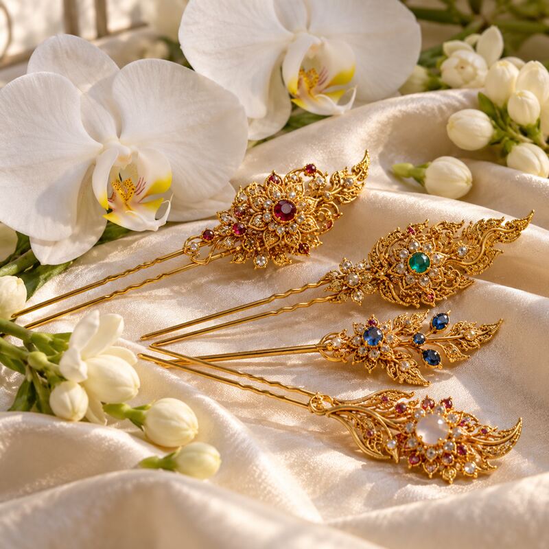 Gold filigree hairpins with small colored stones, white orchids and jasmine buds on ivory silk