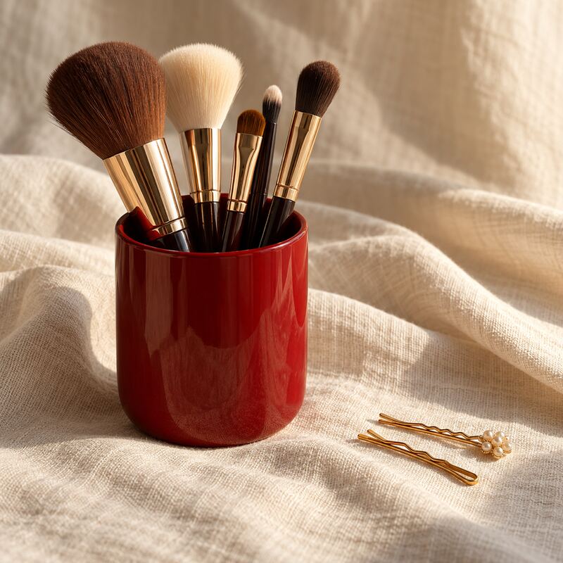 Make-up brushes in a red lacquer cup on cream linen, with small gold hairpins