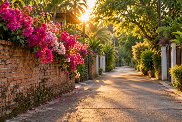 Quiet lane at golden hour, with a brick wall and bougainvillea