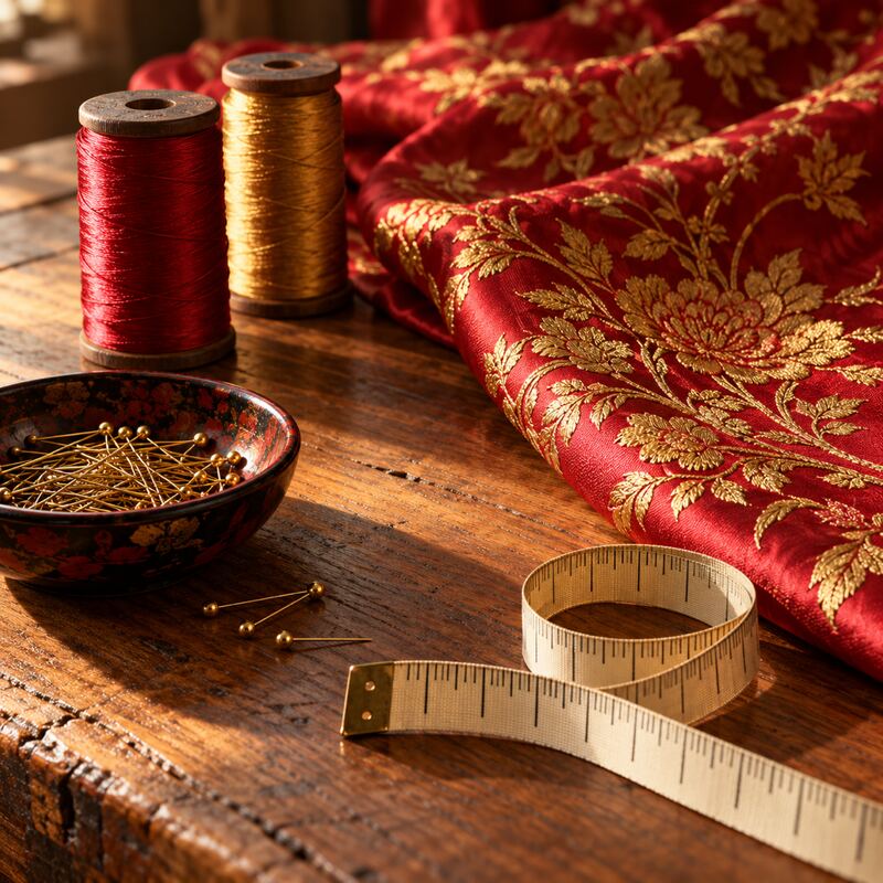 Tape measure, brass pins and gold-embroidered red silk on a teak worktable