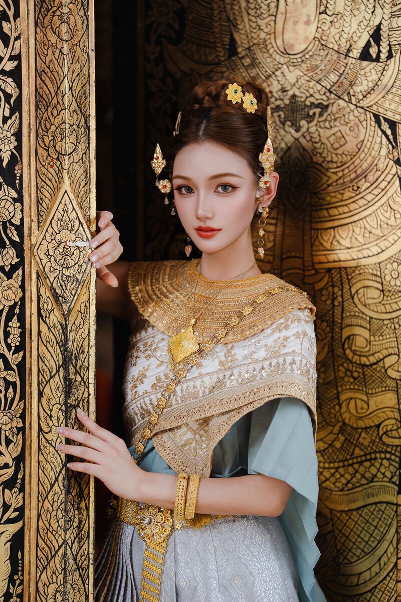Woman in a white and gold Thai sbai with a pale blue skirt, standing in a gilded lacquer doorway