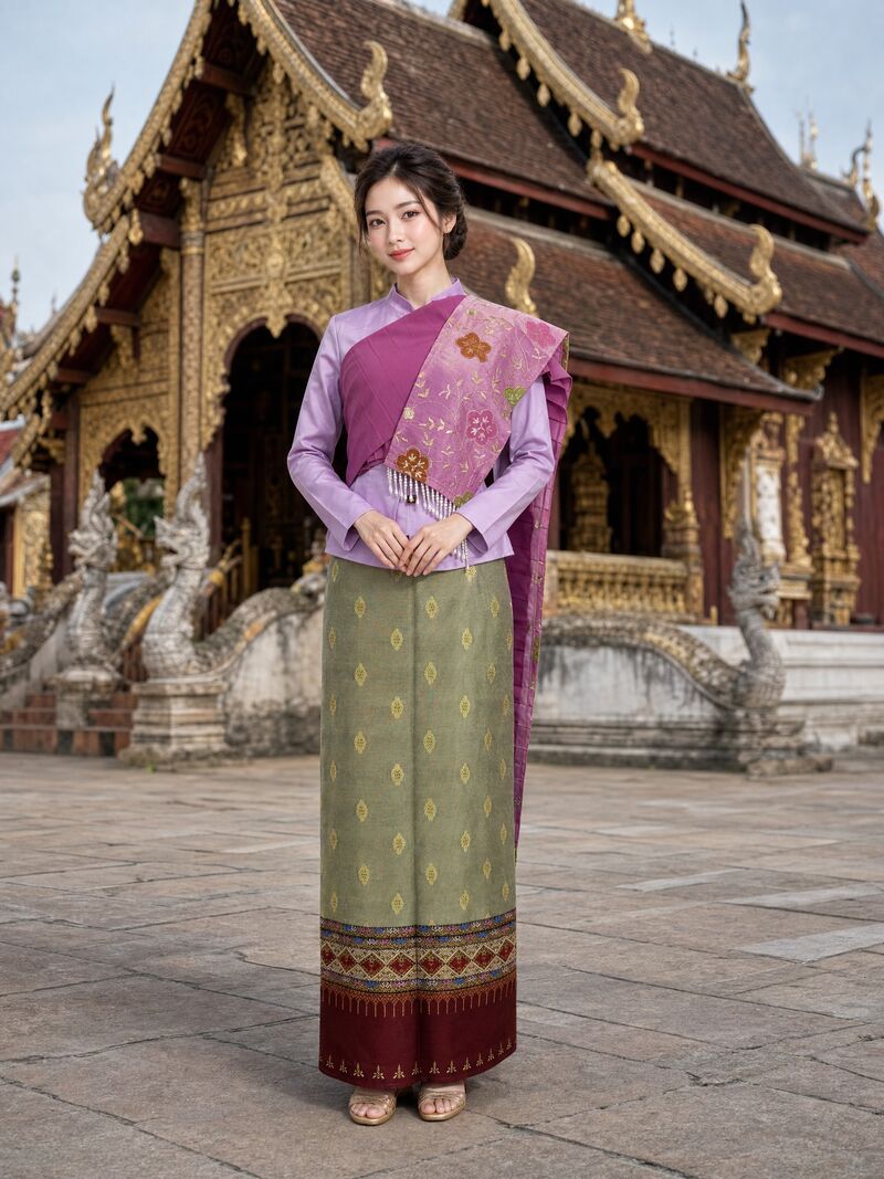 ชุดใหม่ 01 บนนางแบบ: เสื้อแขนยาวม่วงอ่อน สไบบานเย็น ผ้านุ่งเขียวหม่น