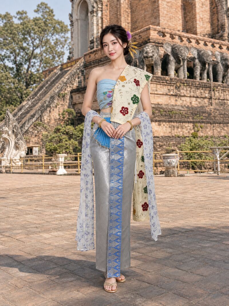 ชุดใหม่ 02 บนนางแบบ: สไบครีมลายดอกแดงเขียว เสื้อฟ้าอ่อน ผ้านุ่งสีเงิน