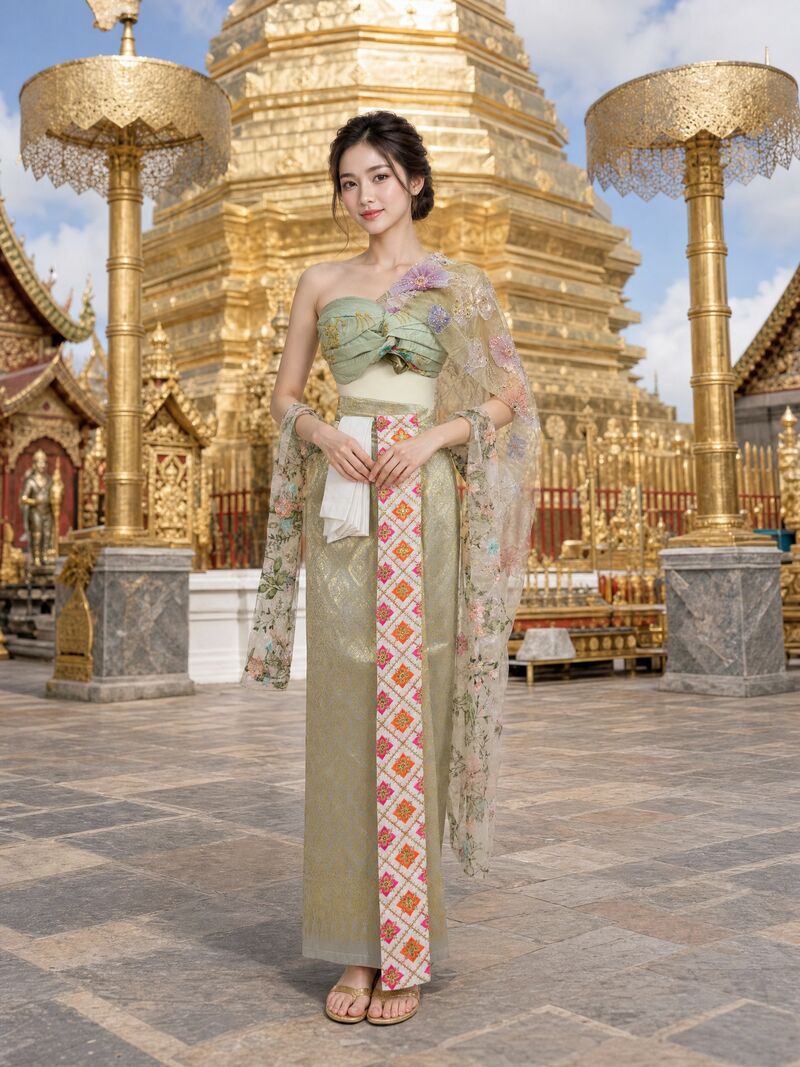 ชุดใหม่ 16 บนนางแบบ: เสื้อเขียวหม่น สไบโปร่งลายดอก ผ้าห้อยหน้าชมพู