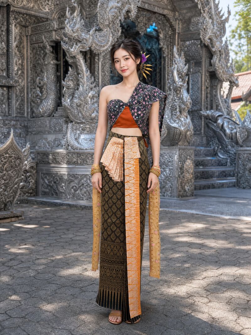 ชุดใหม่ 03 บนนางแบบ: เสื้อลายดอกกรมท่า สไบพีช ผ้านุ่งดำทอง