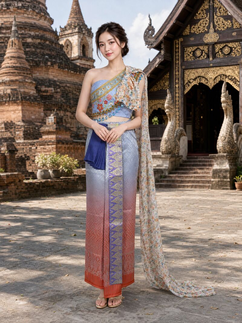 ชุดใหม่ 04 บนนางแบบ: เสื้อปักสีน้ำเงิน ผ้านุ่งไล่เฉดจากสีน้ำเงินไปจนถึงสีปะการัง