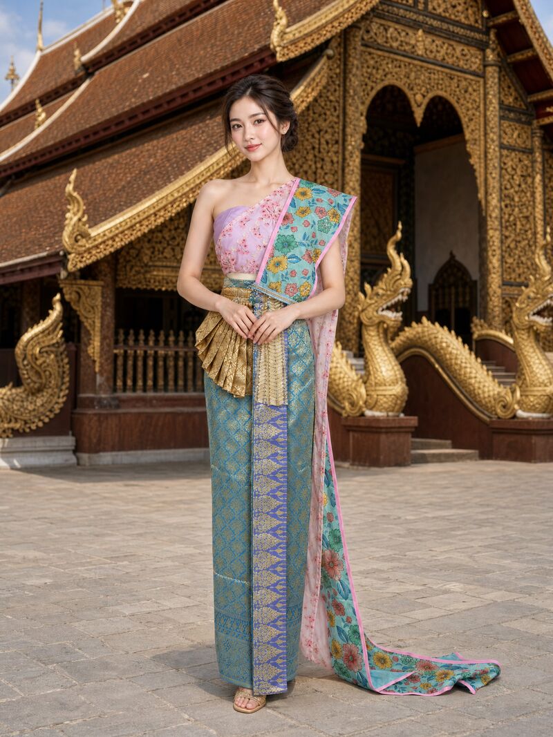 ชุดใหม่ 05 บนนางแบบ: เสื้อชมพู สไบลายดอกเขียวอมฟ้า ผ้ายกเขียวหัวเป็ด