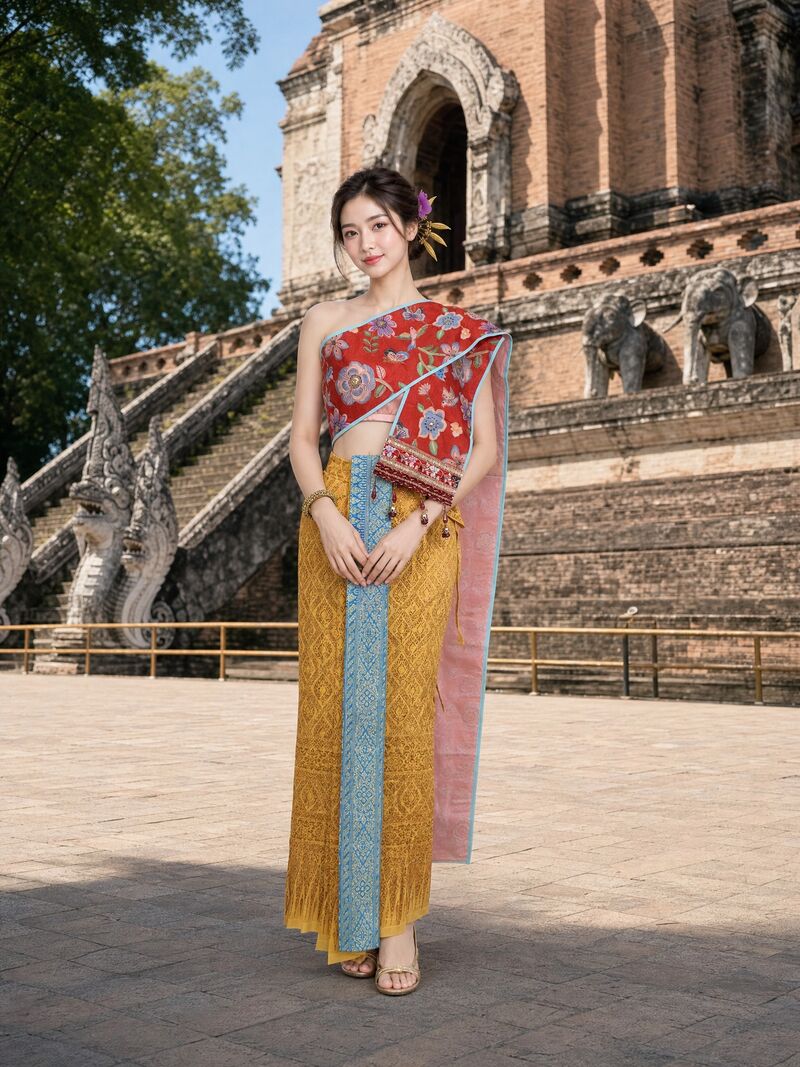 ชุดใหม่ 06 บนนางแบบ: สไบแดงทอง ผ้านุ่งเหลือง ผ้าห้อยหน้าเขียวอมฟ้า