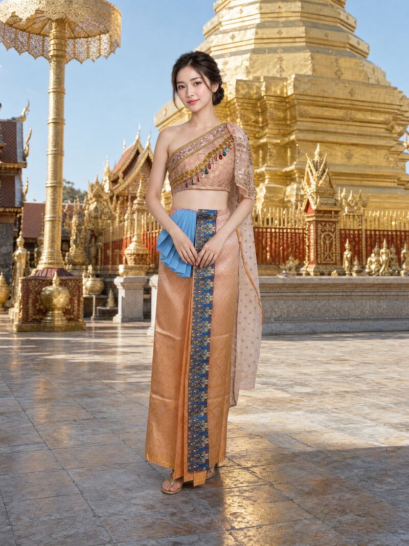 ชุดใหม่ 07 บนนางแบบ: เสื้อปักเลื่อมพีช ผ้าจีบฟ้า ผ้านุ่งพีช