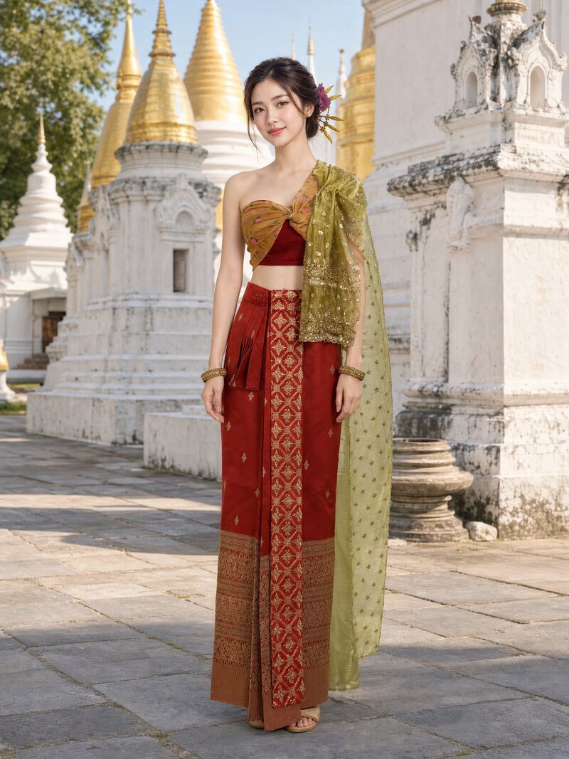 ชุดใหม่ 08 บนนางแบบ: เสื้อเหลืองดิน สไบเขียวมะกอก ผ้านุ่งแดงแต่งทอง