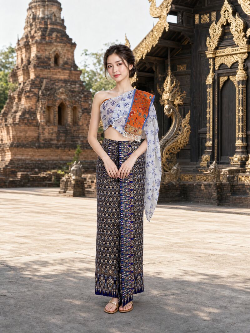 ชุดใหม่ 09 บนนางแบบ: เสื้อลายดอกน้ำเงินขาว สไบส้ม ผ้านุ่งกรมท่า