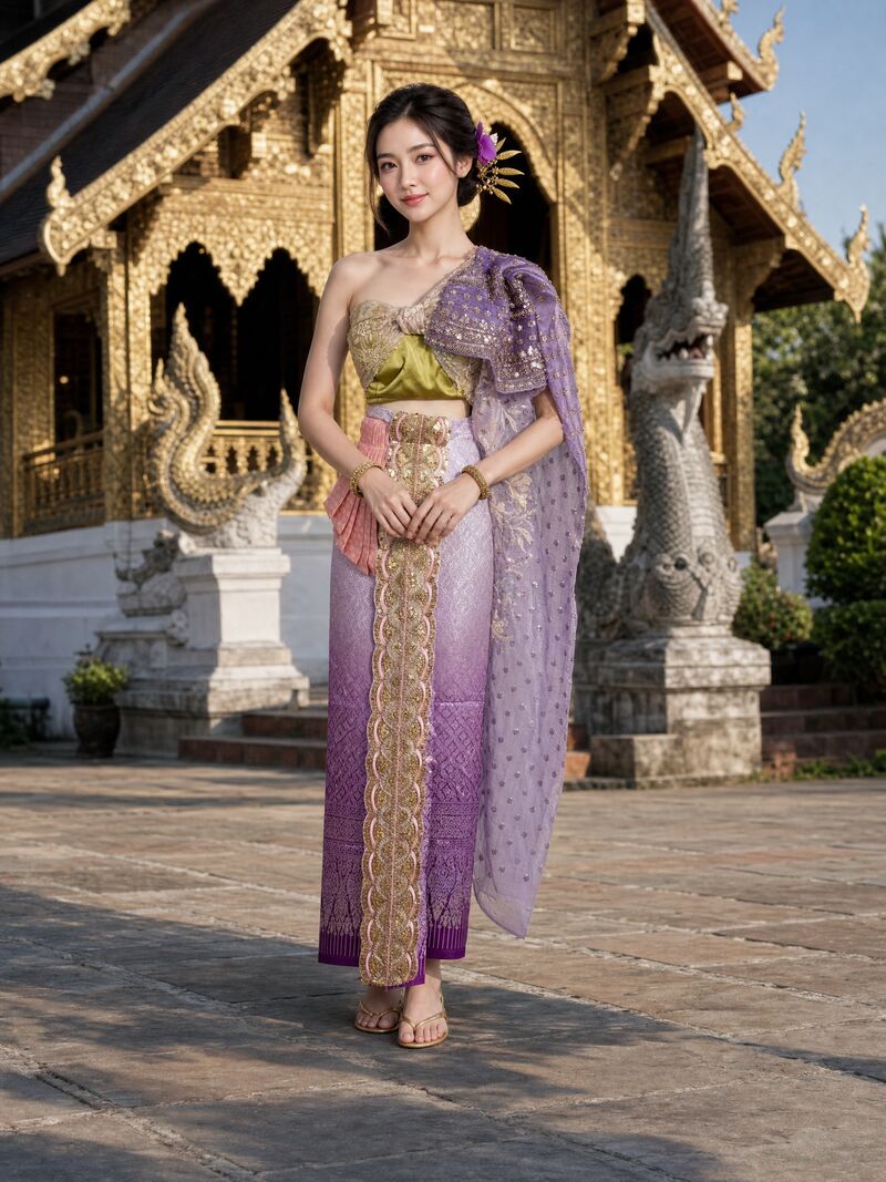 ชุดใหม่ 10 บนนางแบบ: เสื้อเขียวมะกอก สไบเลื่อมม่วงอ่อน ผ้านุ่งชมพูม่วง