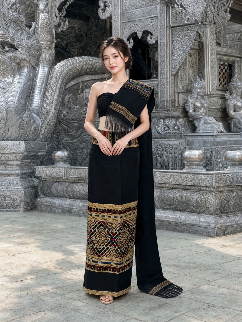ชุดใหม่ 11 บนนางแบบ: ชุดดำ แถบทอดิ้นทอง ชายผ้าแดงทอง