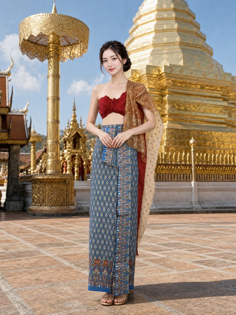 ชุดใหม่ 12 บนนางแบบ: เสื้อแดง สไบสีทองแดง ผ้านุ่งลายน้ำเงิน