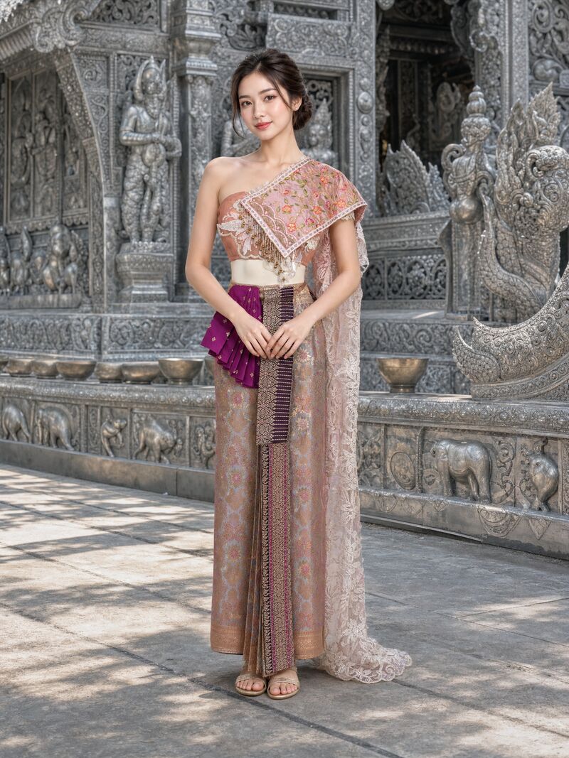 ชุดใหม่ 13 บนนางแบบ: เสื้อสีปะการัง สไบปักลายชมพู ผ้านุ่งโรสโกลด์