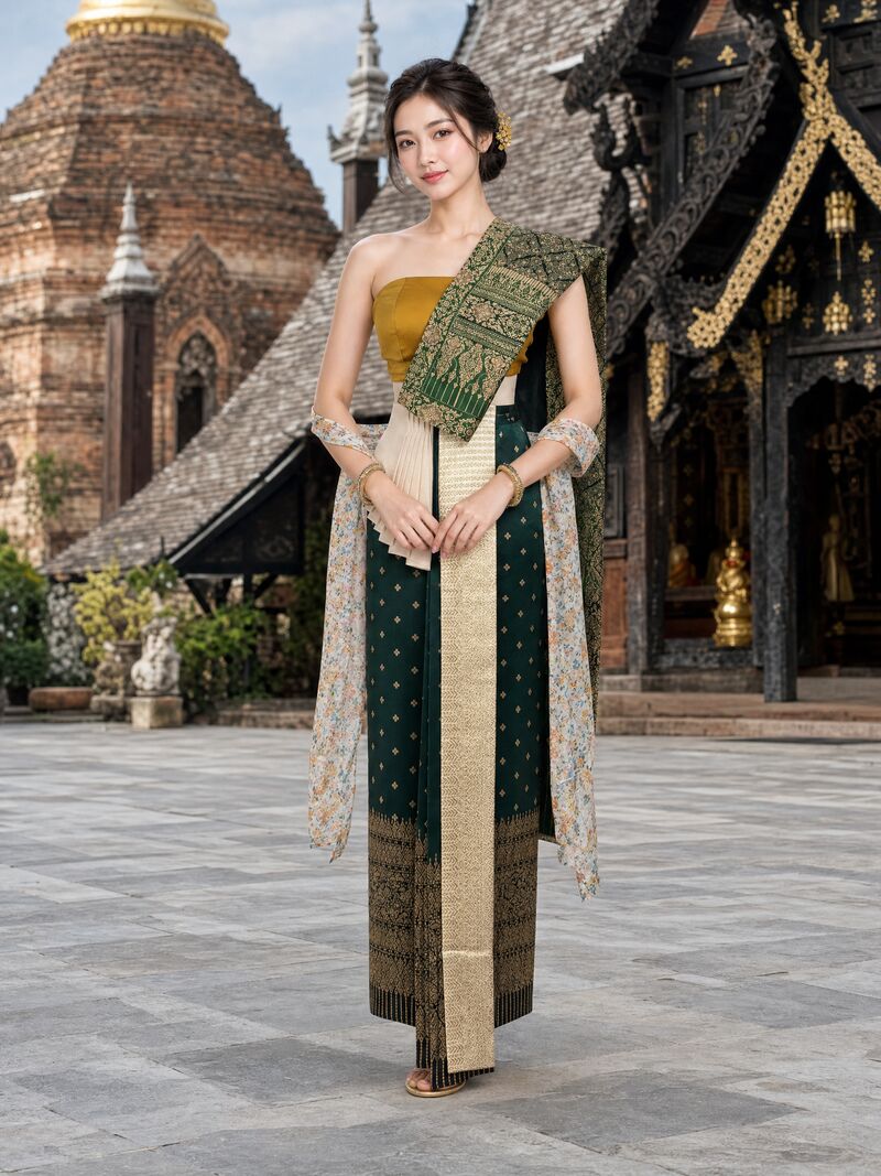 ชุดใหม่ 14 บนนางแบบ: เสื้อเหลืองมัสตาร์ด สไบผ้ายกเขียว ผ้านุ่งเขียวเข้ม
