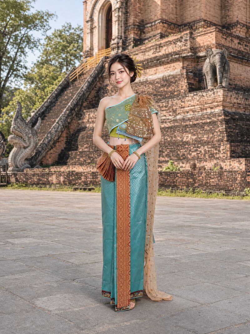 ชุดใหม่ 15 บนนางแบบ: ชุดเขียวอมฟ้า สไบปักเลื่อมทอง ผ้าคาดส้ม